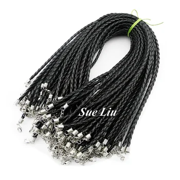 

3mm Black PU Imitate Leather Braided Necklace Cord With Lobster Clasp -18"