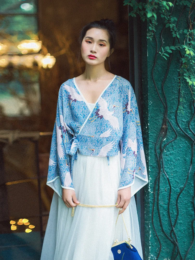 

IRINAY545 2019 SS COLLECTION vintage crane print kimono chiffon shirt women top