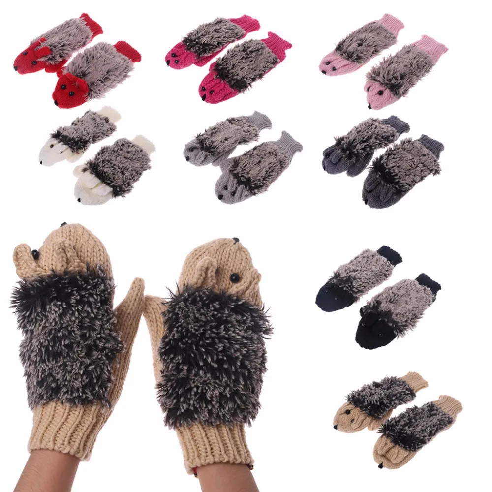 

Womens Cartoon Hedgehog Gloves Thicken Winter Hand Warmer Knitted Wrist Mittens