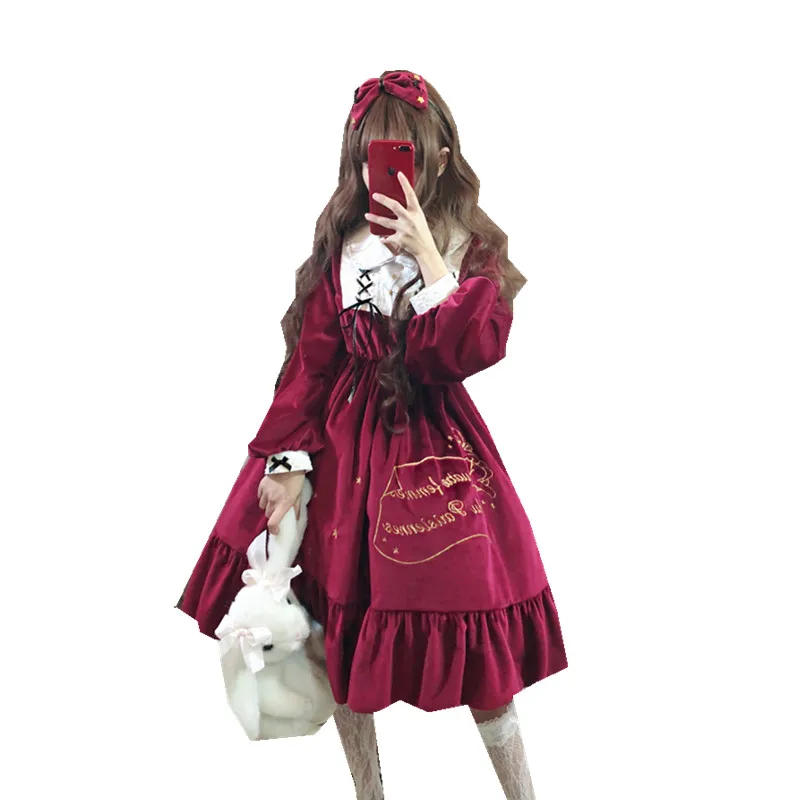 

Gothic Lolita Court Velvet Long Sleeve Dresses Lantern Sleeve Japan Style Ruffles Red Black Pink Angel Autumn Winter For Woman