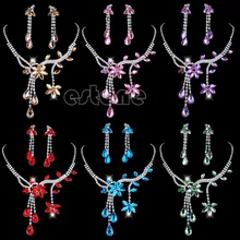 Wedding Bridal Flower Leaf Rhinestone Crystal Necklace Drop Earrings Jewelry Set