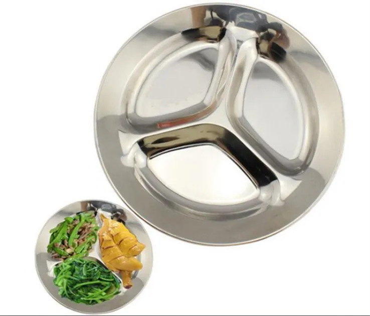 3 Sections Stainless Steel Divided Dish Tableware Dinner Plate Students