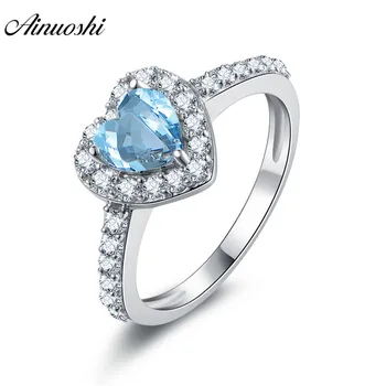 

AINUOSHI Natural Blue Topaz Heart Ring Engagement Wedding Ring 0.75ct Heart Cut Halo Ring Pure 925 Sterling Silver Women Jewelry