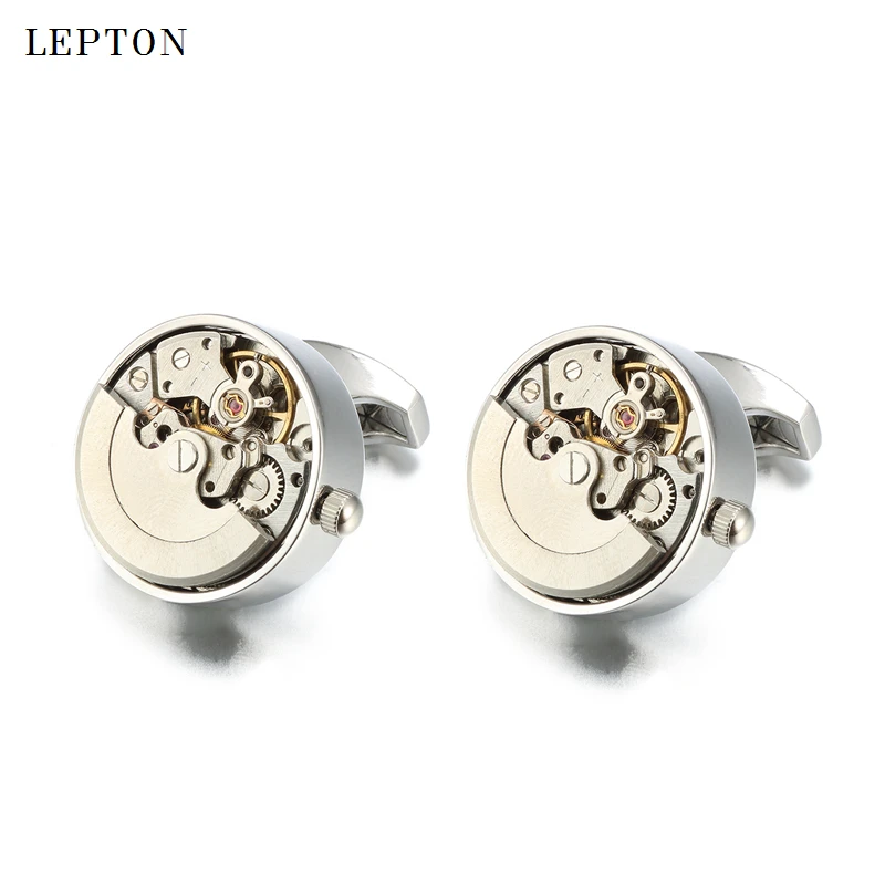 Высокое качество функциональные часы движение запонки бренд lepton нержавеющая сталь, стимпанк механизм часы запонки для мужчин