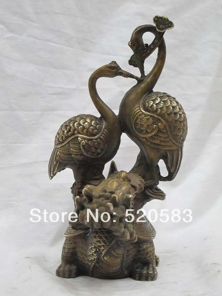 

8"Chinese Feng shui geomancy pure Bronze two crowned crane ON Dragon Turtle