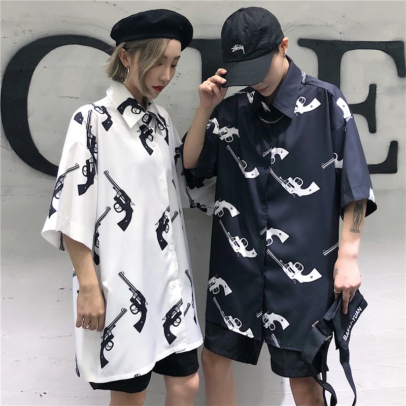  Lychee Girls Harajuku Gun Print Female Blouse Turn Down Collar Short Sleeve Loose Spring Summer Sin