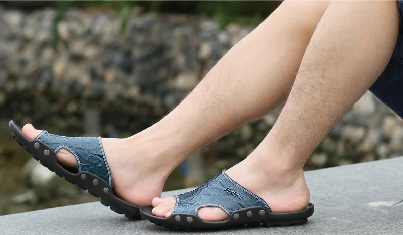 2018 New Men Genuine Leather Holiday Beach Shoes Flip Flops Men's Casual Flat Shoes Sandals Summer Slippers For Men (6)