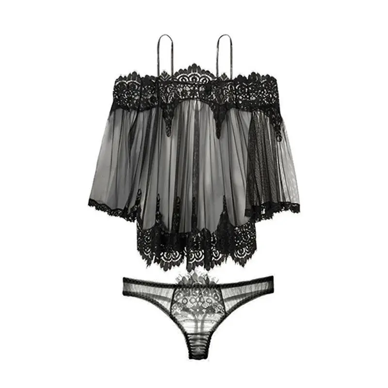 

Black White Lace Dress Sleepwear Super Sexy Home Dress Summer Women Tops and Panties Bridesmaid Two Piece Lingerie Robe Set S-XL