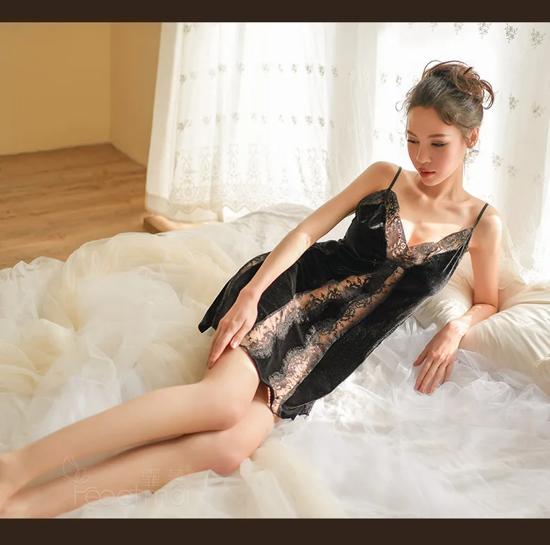 Для женщин сексуальная одежда для сна Нижнее белье комбинация платье кружева шить бархат пижамы ночное спокойной ночи Платье Пижама femme пикантные
