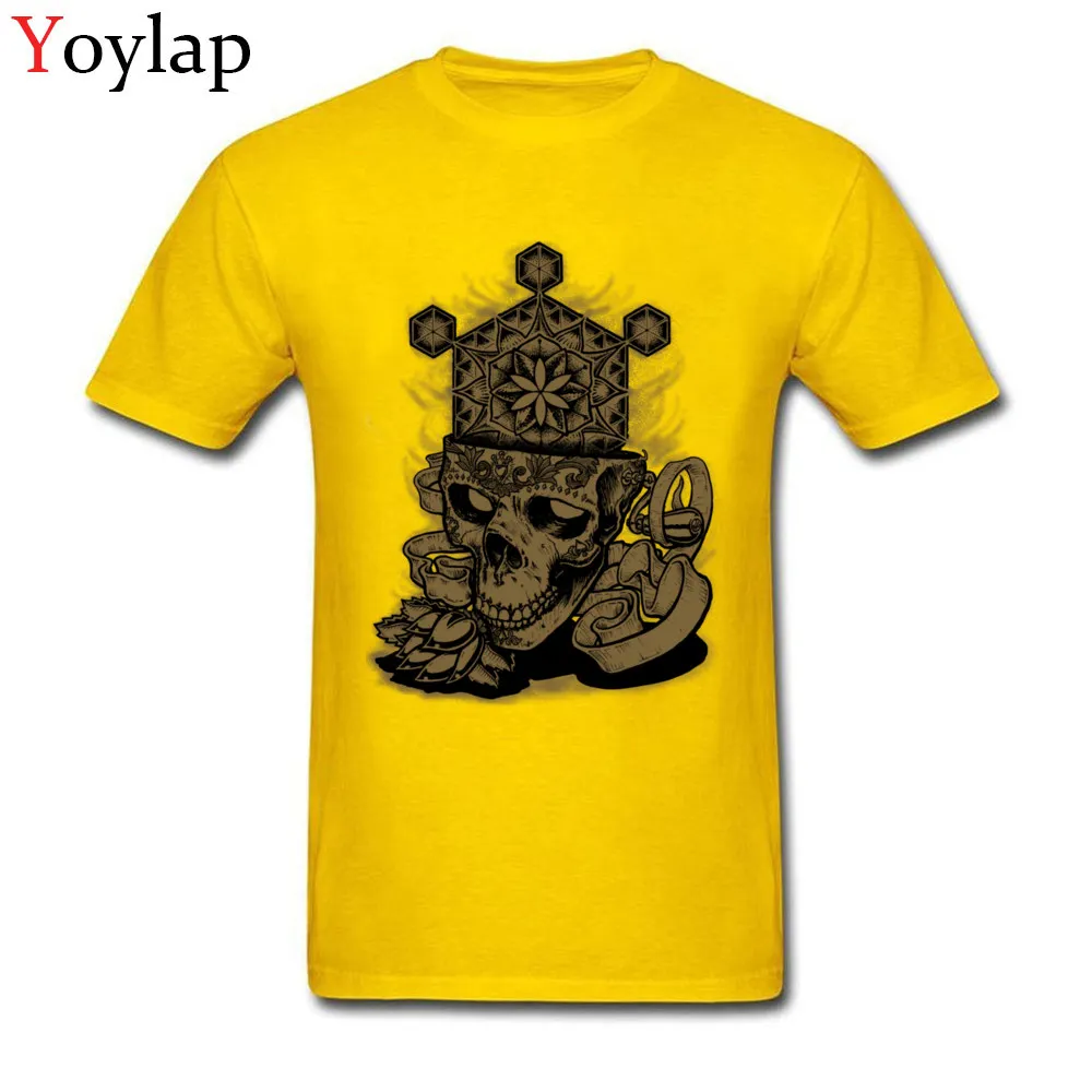 Round Neck All Cotton T Shirts for Men Family Summer Fall Tops Tees Short Sleeve Brand Flower of Life Skull Golden Printing Tee Shirt yellow