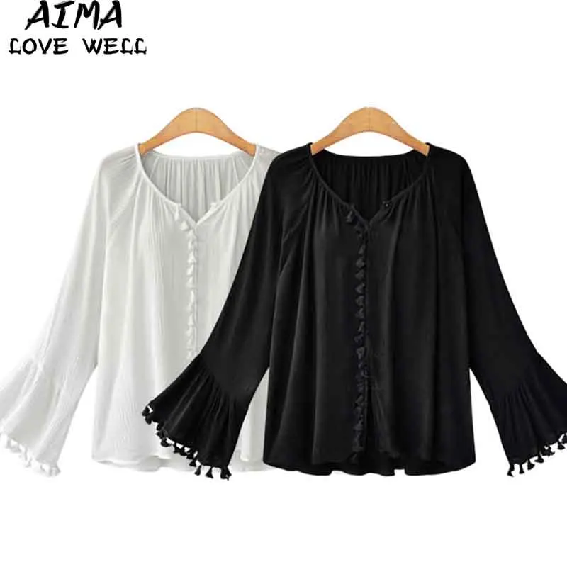 Autumn Women Chiffon Shirt Long Flare Sleeve V-neck Solid Color Tassel Patchwork Casual Fashion Blouse Ladies Shirts |
