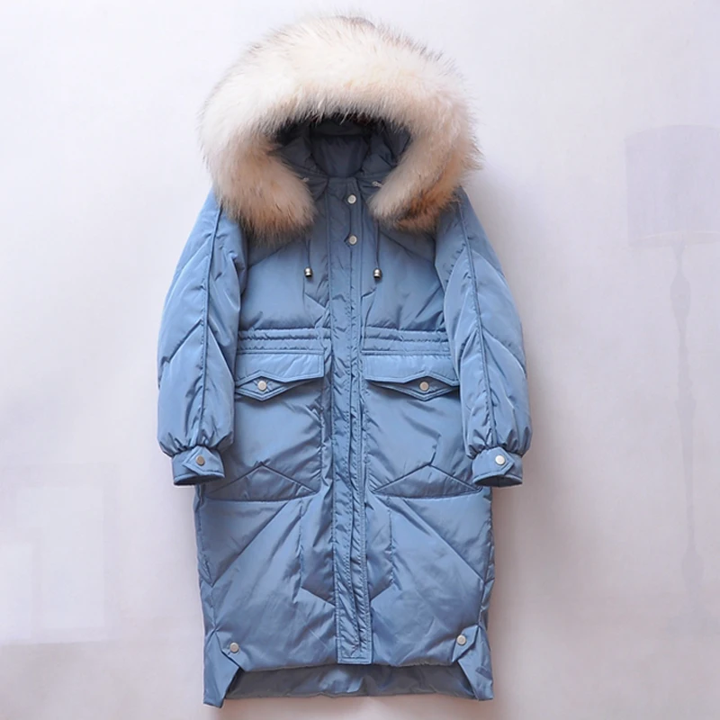 

Winter Natural Raccoon Fur Collar 2019 New Winter Women's Parka Hooded Warm Jacket For Female Long White Duck Down Jacket