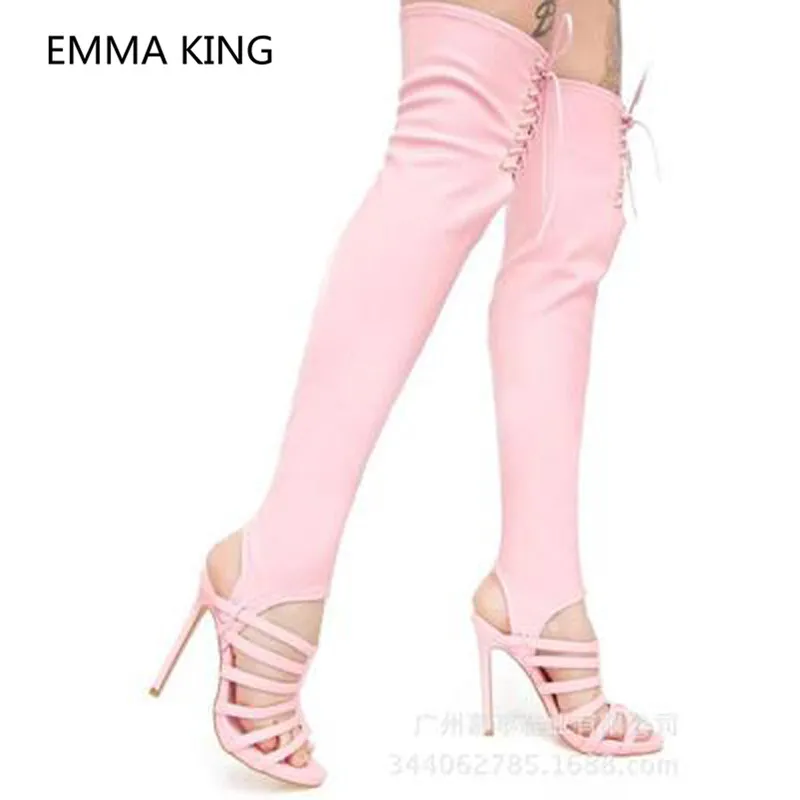 

Runway Pink Stretch Women Summer Thigh High Boot Hollow Sexy High Heel Cross-Tied Ladies Slingback Shoes Woman Gladiator Sandals