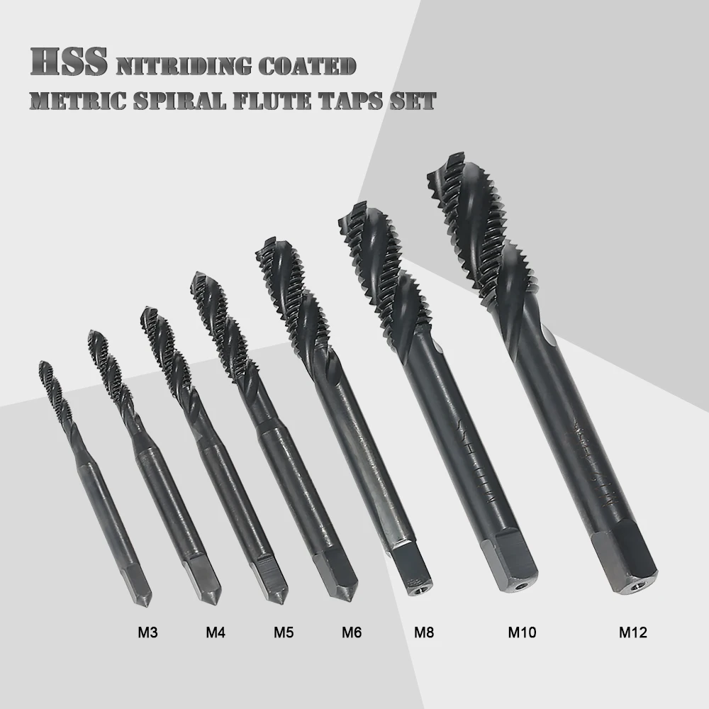 7PCS M3 M12 Spiral Flute Taps HSS Machine & Manual Screw Thread Tap Set