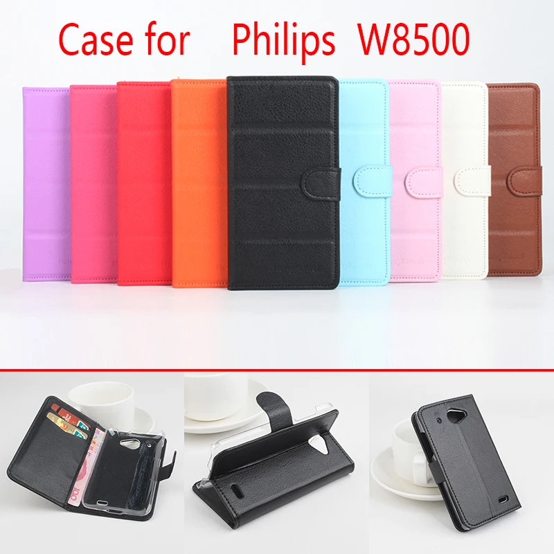 

For Philips W8500 Phone Case Folio Flip Pure Color Lichee Pattern PU Leather Wallet Case Cover Cash/Card Slots sanheng