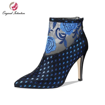 

Original Intention Gorgeous Women Boots Embroider Pointed Toe Thin High Heel Boots Quality Blue Red Shoes Woman Size 3-9