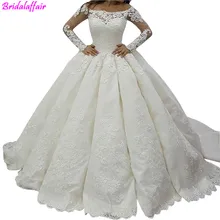 Белые свадебные платья на заказ Роскошные винтажные из атласа с длинным рукавом бальное платье с горловиной лодочка белое vestido de noiva