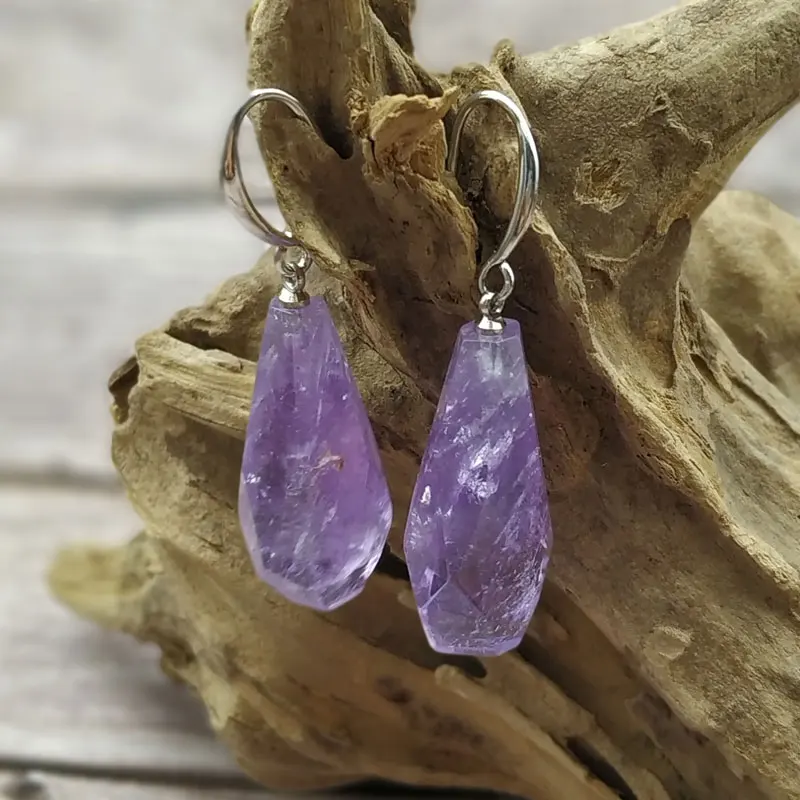 

YA3907 Natural Amethysts Stone Drop Silver Hook Earring