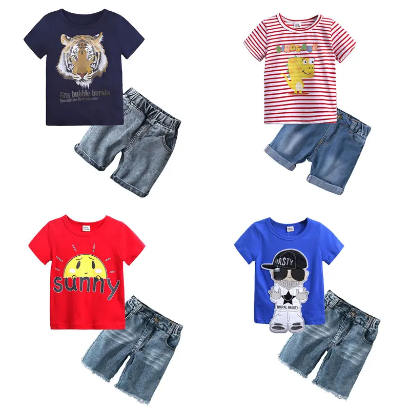 

Hot Sale Children Clothing Cartoon Kids Boys Clothing Sets Summer Toddler Boys Clothes Set Cotton Short Sleeve Tops+Short Jeans