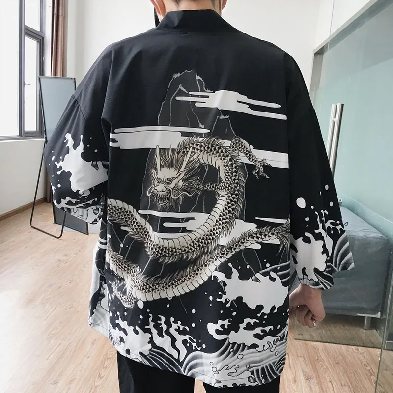 Mens Harajuku Japanese Style Kimono Casual Jackets Streetwear Chinese Dragon Print Jacket Coat Summer Thin Gown Male 2018 Autumn Mens Harajuku Japanese Style Kimono Casual Jackets Streetwear Chinese Dragon Print Jacket Coat Summer Thin Gown Male 2018 Autumn