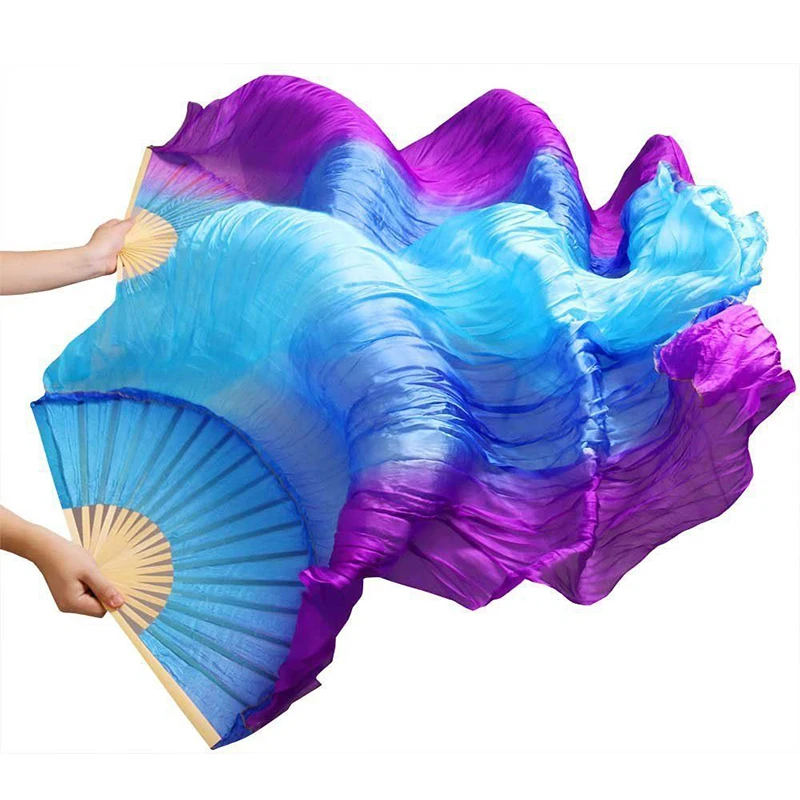 

High Selling 100% Silk Veils 1 Pair Handmade High Quality Belly Dance Fan Veil Vertical Turquoise Blue Purple
