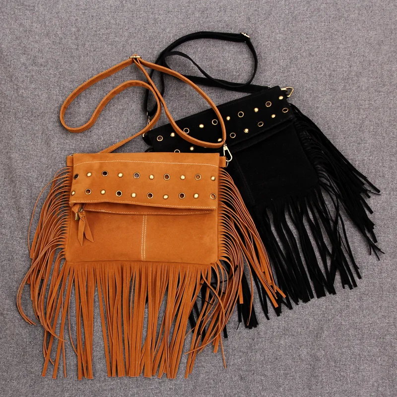 Women's Tassel Messenger Bag Vintage Rivet Faux Suede Bag For Girls
