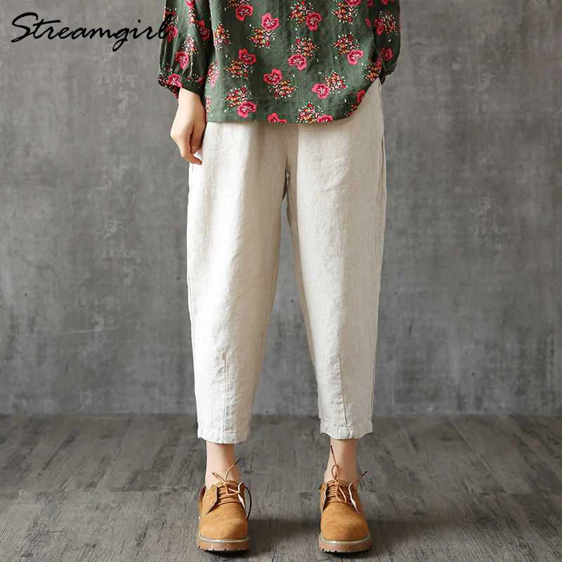 Vintage Women Linen Pants Plus Size 2019 Summer Pant Capris Loose Thin Fabric Cotton Solid Color Harem Women|Брюки |