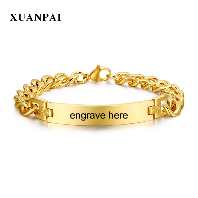 XUANPAI Free Engraving ID Bracelet for Men Gold Color Stainless Steel