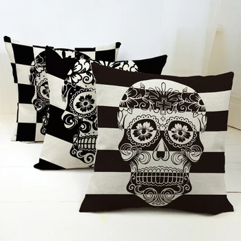 

Black White Stripes Skull Cushion Cover Head Flowers Cross Pillow Cover European Heavy Metal Car Sofa Home Decorative Pillows