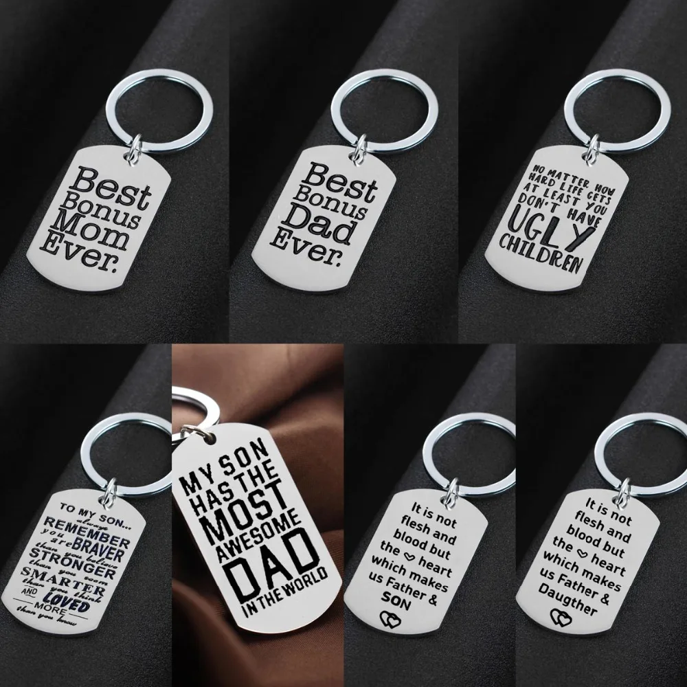 

Bonus Mom Dad Stainless Steel Military Tag Keychain Keyring Family Children Jewelry Thanks Gift Father Daughter Son Key Chain