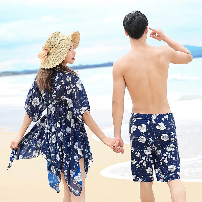 Couples Swimwear Three Pieces Bikini Sets with Covers Up Man's beach shorts Lover's Print Floral Swimsuit Sexy Bikini Set 2018