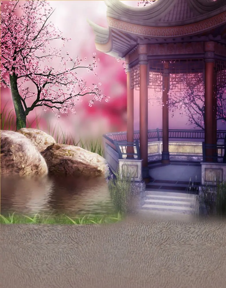 

5x7ft Pink Flowers Tree Chinese Traditional Pavilion Photography Backdrops Photo Props Studio Background