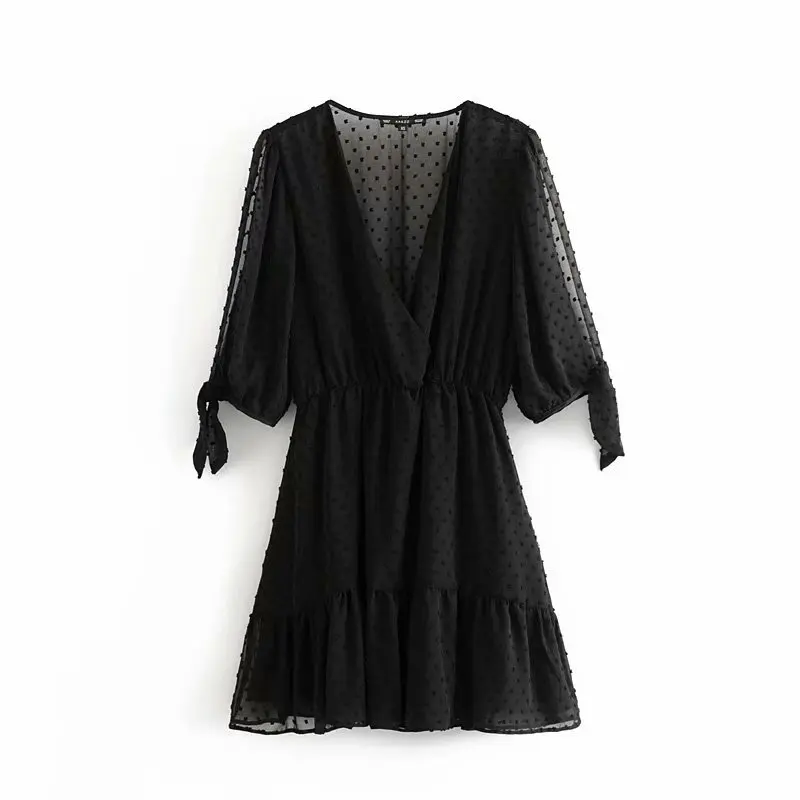 Comprare 2019 donne croce scollo a v chiffon nero mini abito femminile in pizzo up del manicotto abiti chic sexy casuale sottile volant orlo abiti DS2646