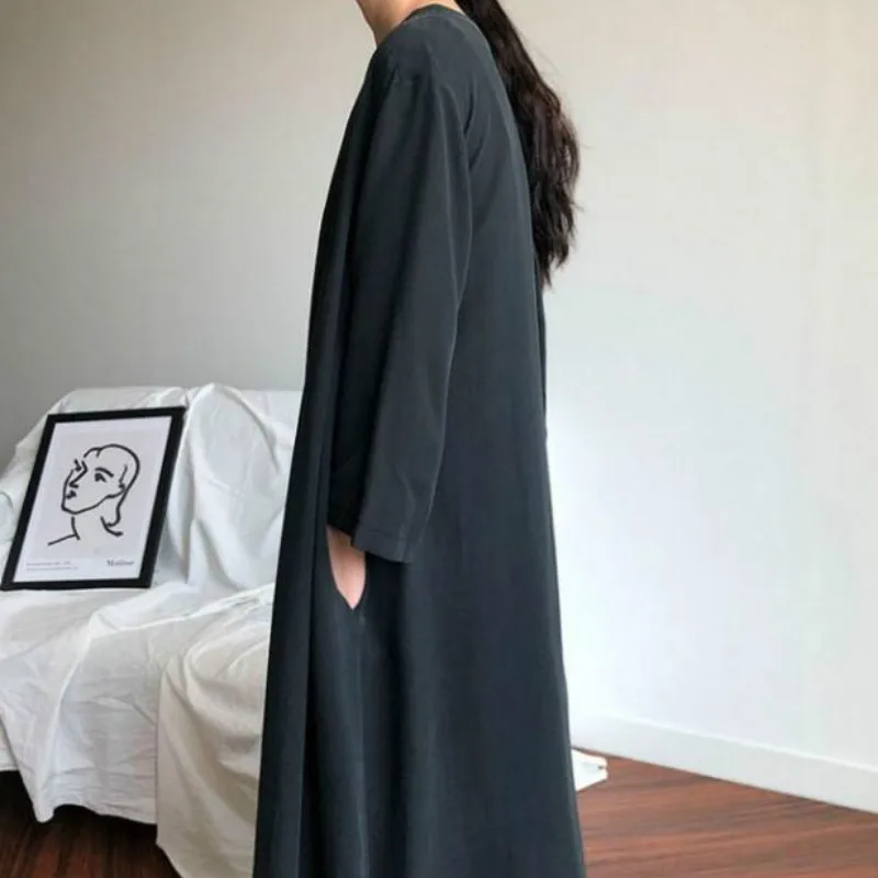 Tanie Damska jesienna długa sukienka koszulowa seksowna dekolt w serek z długim rękawem szyfonowa vintage maxi sukienki z paskiem wysokiej talii krótkie jednokolorowe