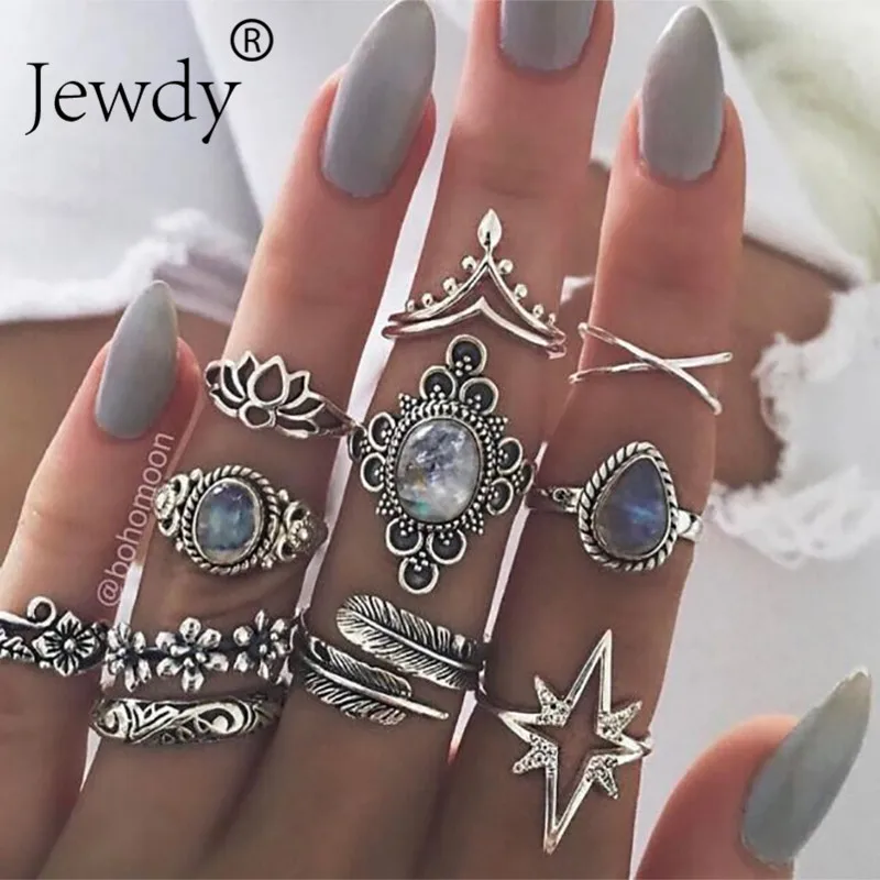 Кольца Jewdy boho серебристые кольца с кристаллами миди набор ювелирных изделий 10