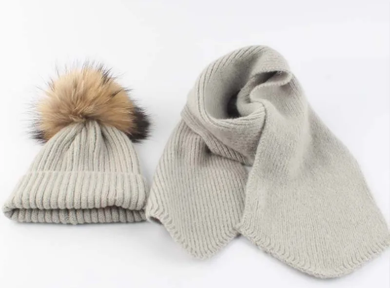 Зимняя шапка из натуральной шерсти, шарф, комплект для маленьких мальчиков, уплотненная теплая шапка с помпоном из натурального меха енота, Детская шерстяная шапка и шарф, шапки с помпоном для девочек