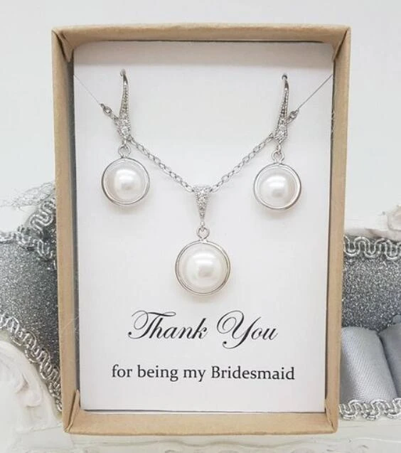 Bridesmaid Gift Gold Pearl Necklace Earring Wedding Jewelry Bridal Party Maid oh Honor Proposal Gift