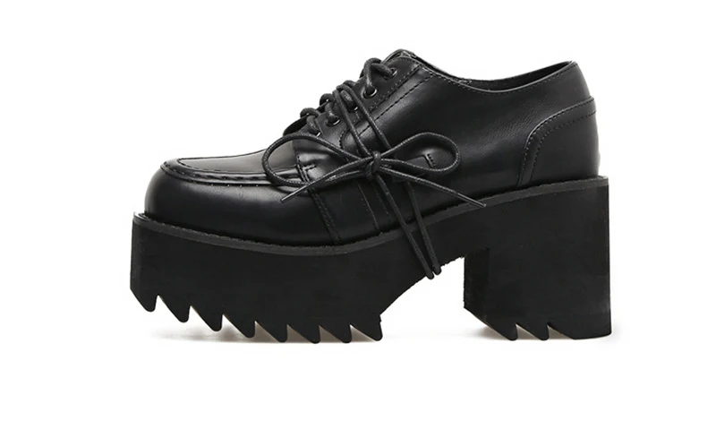 Туфли-лодочки в стиле панк-рок; женская обувь; черная кожаная обувь на толстой платформе; обувь на шнуровке с круглым носком; женская обувь на высоком каблуке; новое поступление