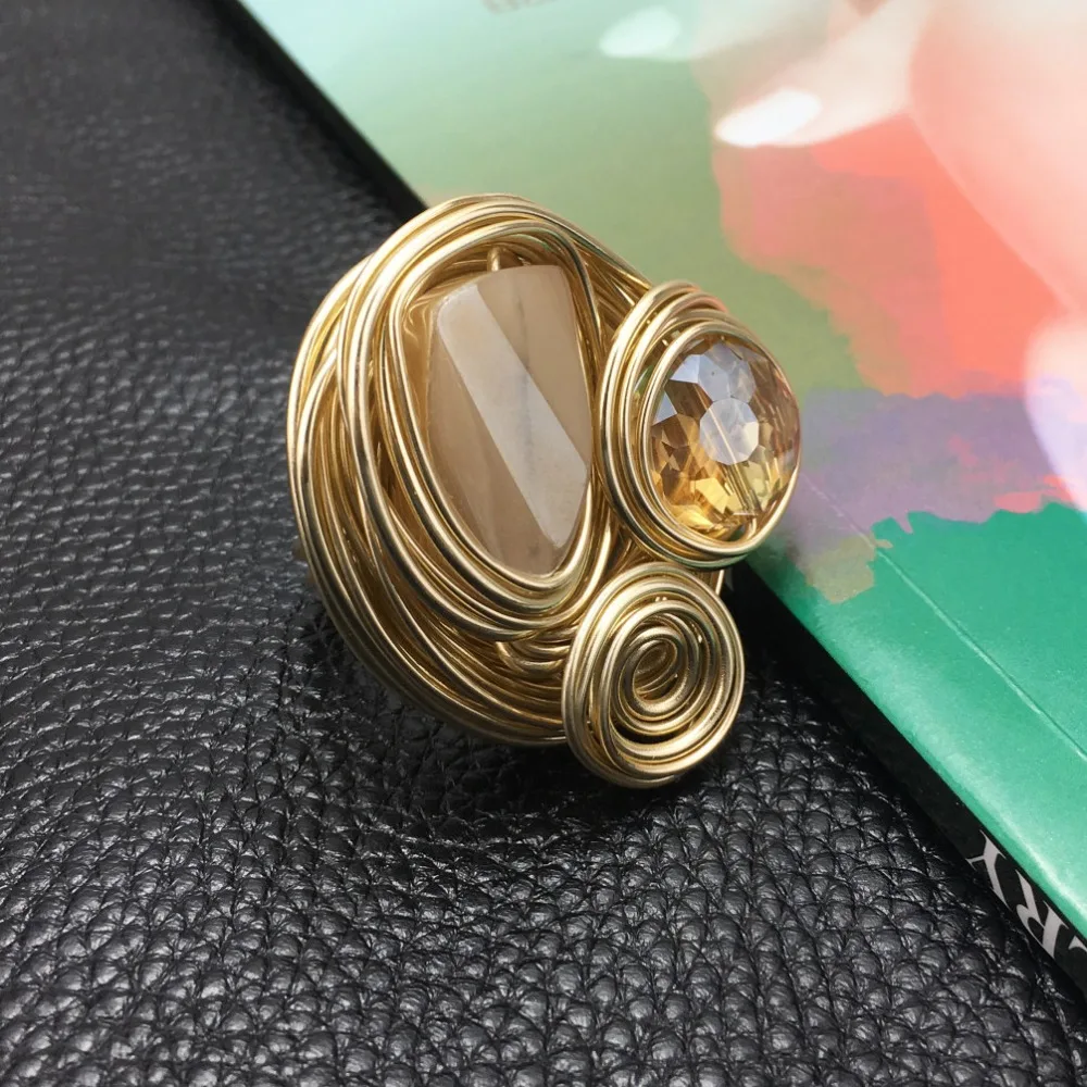MANILAI Boho Handmade Big Champagne Crystal Rings For Women Fashion Jewelry Gold Color Wire Helical Wound Beads Finger Ring - Image 3