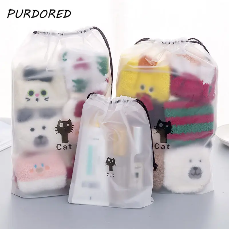 

PURDORED 1 pc Cute Cat Transparent Cosmetic Bag Travel Clear Makeup Bag Women Drawstring Travel Wash Storage Pouch Dropshipping