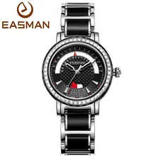 EASMAN Women Black Ceramic Steel Watch Date and Day Quartz Watch Zircon Gems 50M Waterproof Ladies Watches Women Wristwatches