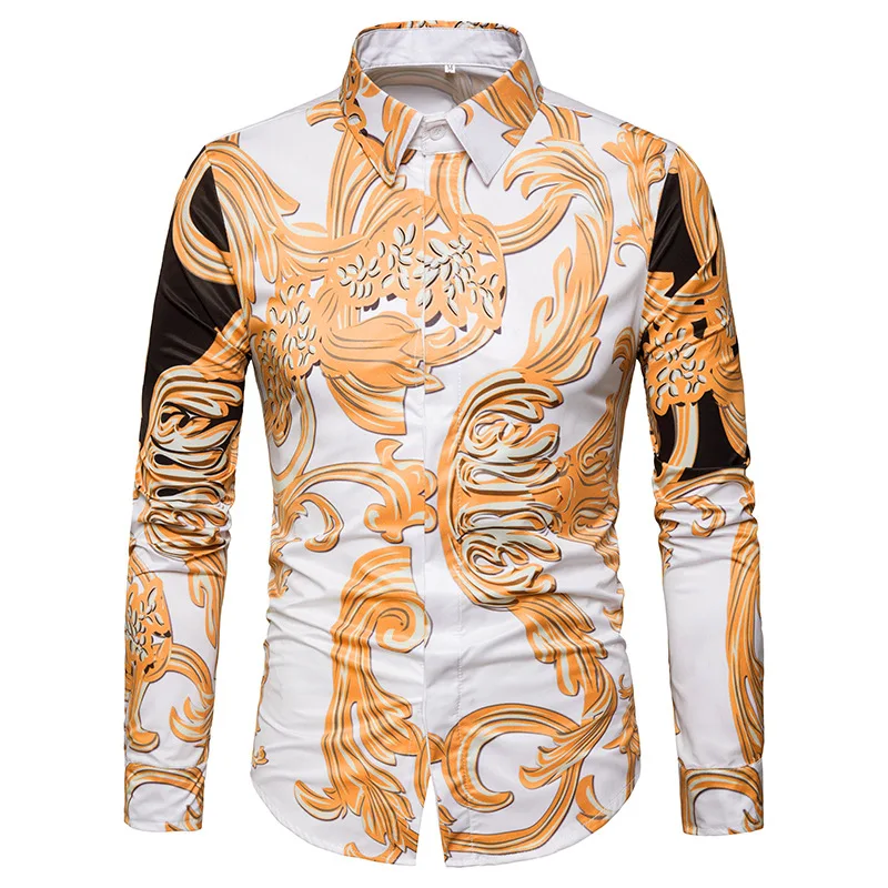 

2018 Men's spring new shirt Personality casual men Breathable British fashion 3D print cotton dress long-sleeved shirt add size