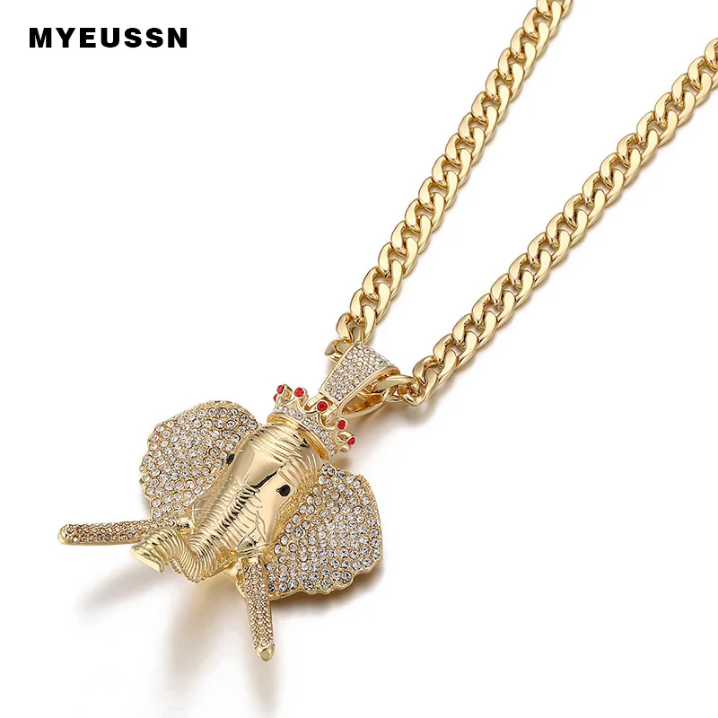

Fashion Elephant Head Crown Necklace&Pendant Men Gold/Silver Iced Out Cuban Chain Rhinestone Animal Pendant Hip Hop Jewelry