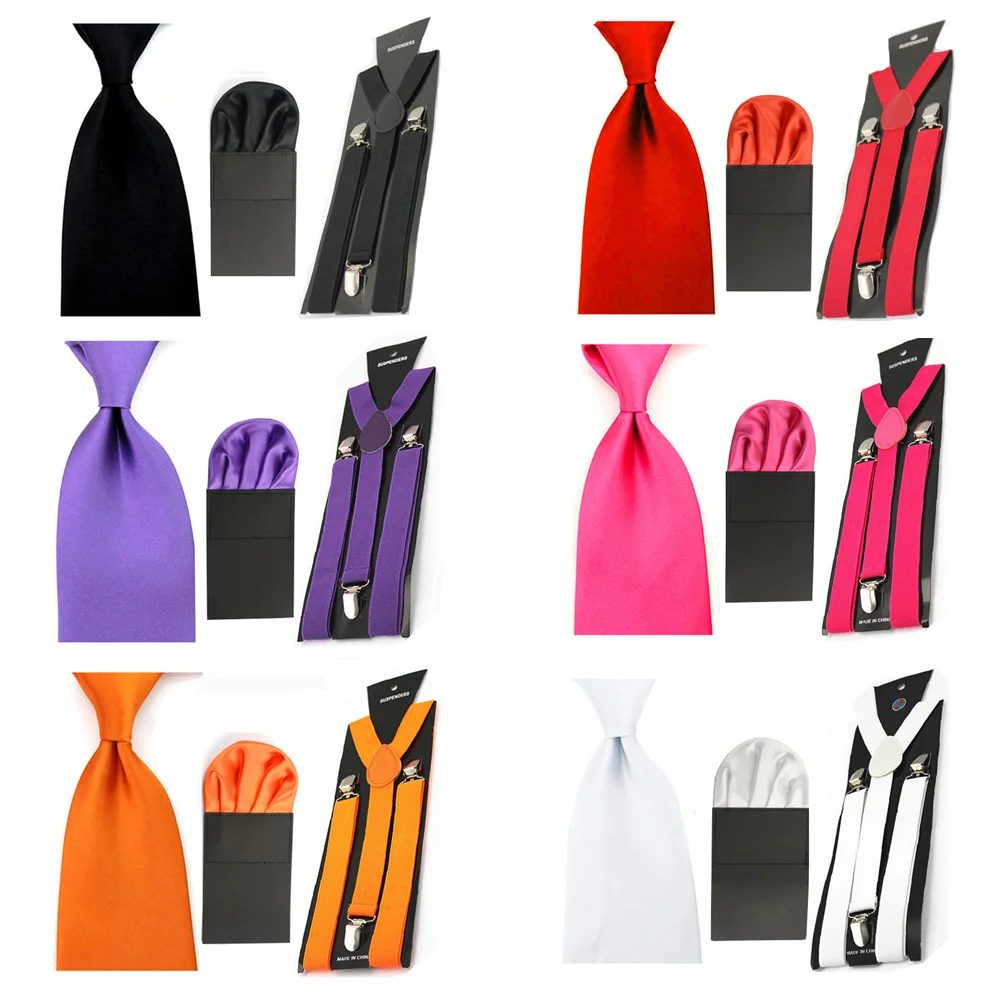  Men's Solid 8cm Necktie Party Handkerchief Pocket Square Braces Suspender Set SETBW0054