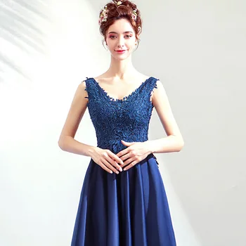 

2019 New Young Mom Dark Blue Long V-neck Waist Sexy Evening Dress