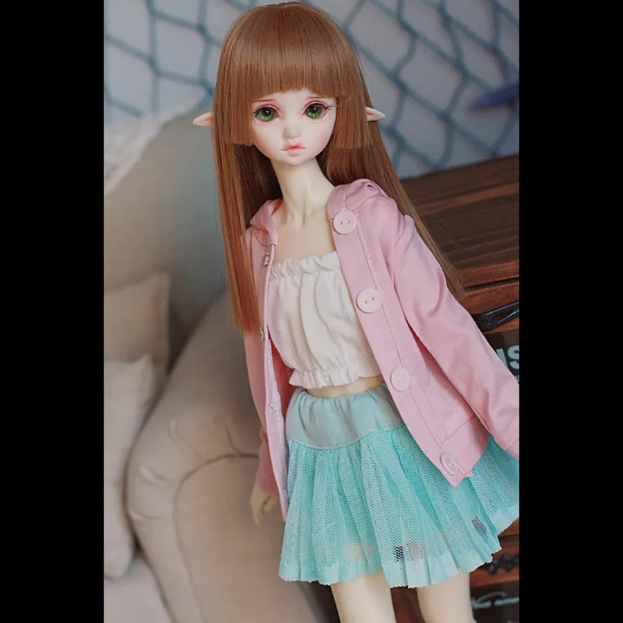

Bybrana Bjd sd doll Clothes set Student dress up Pink cardigan + White tube top + Light blue pleated skirt