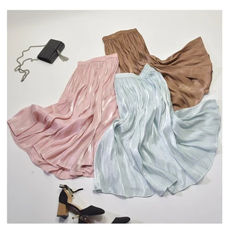 Falda plisada de estilo coreano para Primavera, falda de seda con cintura elástica y brillo de perlas, estilo resbaladizo, Largas Elegantes, envío gratis, 2020