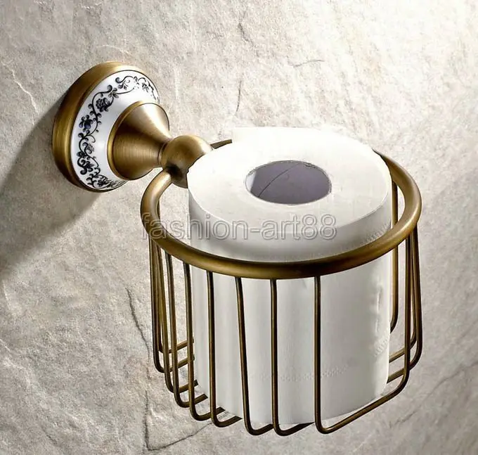 ФОТО Antique Brass Ceramic Base Bathroom Wall Mounted Toilet Paper Roll Holder Tissue Basket Holder Bathroom Accessory aba404