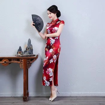 

New 100% Real Silk High Split Qipao Chinese Style Long Print Floral Sexy Cheongsam Slim Classic Women's Dress Oversize XXXL