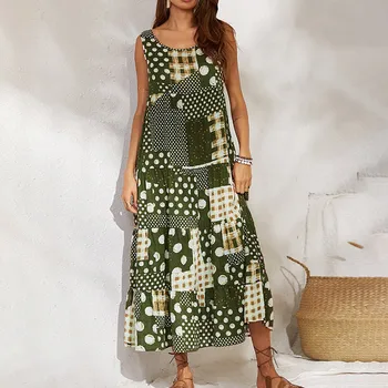 

Plus Size Women Summer Maxi Dress Vintage Dot Print O Neck Sleeveless Party Casual Maxi Dress Summer Beach Dress 2019 M -5xl